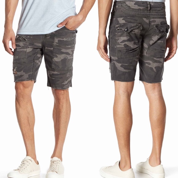 mens distressed camo shorts